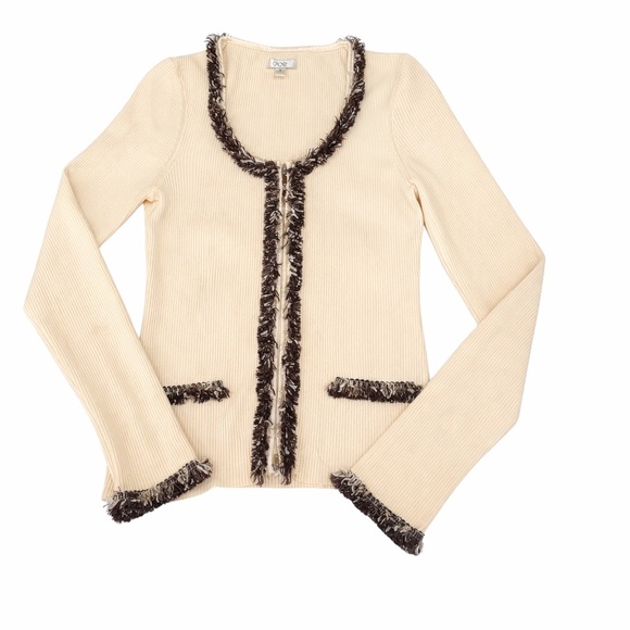 Cache Sweaters - Vintage 90s Y2K Cache Cream Ribbed Fringe Cardigan Medium